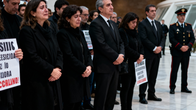 Familiares de víctimas mostrando su indignación durante la ceremonia