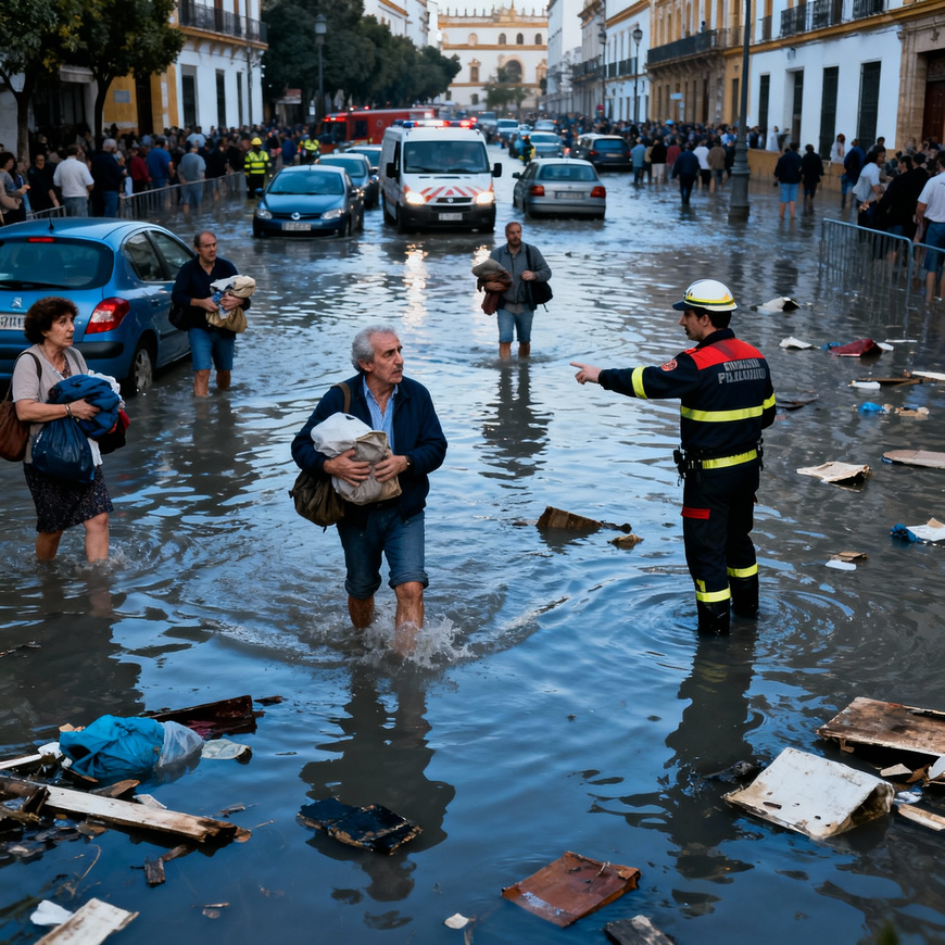 Vista aérea de las calles inundadas en el barrio de la Alameda de Hércules en Sevilla durante la tromba de agua histórica.