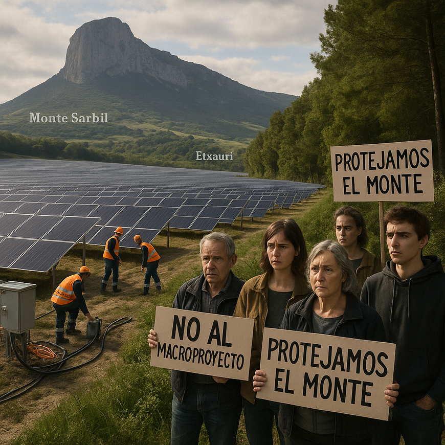 Módulos fotovoltaicos y entorno natural de Etxauri en riesgo