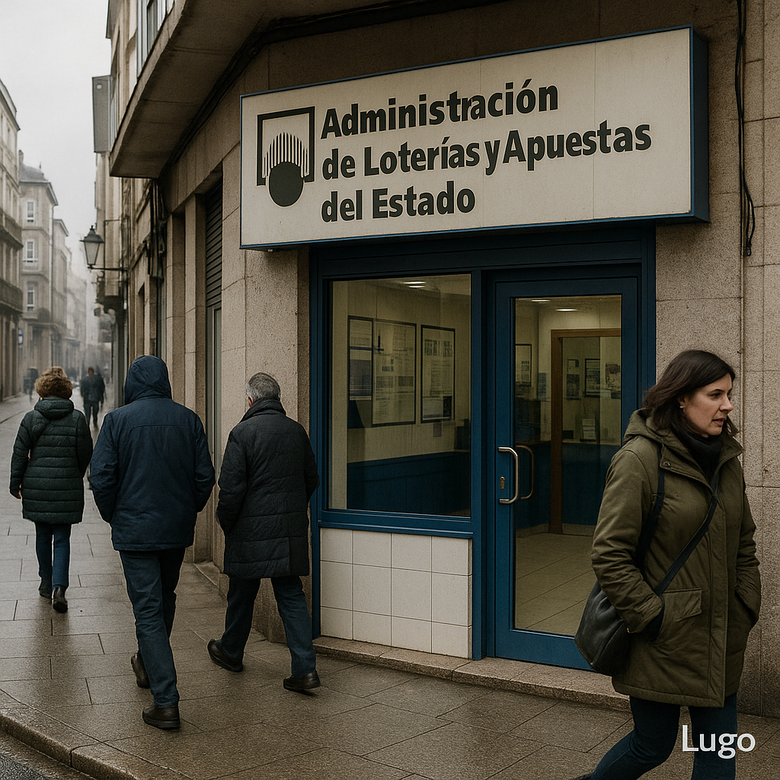 Fachada de una administración de Loterías en una calle de Lugo con personas caminando