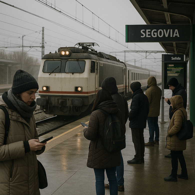 Pasajeros esperan un tren en la estación de Segovia junto a carteles informativos