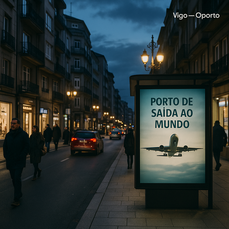 Marquesina de autobús en Vigo con un anuncio del aeropuerto de Oporto