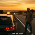El giro de Vox con la baliza V16: de venderla como “tecnología innovadora” a denunciarla como “saqueo” a los conductores. Coche detenido en carretera española con baliza V16 encendida sobre el techo al atardecer