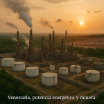 Vista aérea de refinería venezolana rodeada de selva y áreas mineras