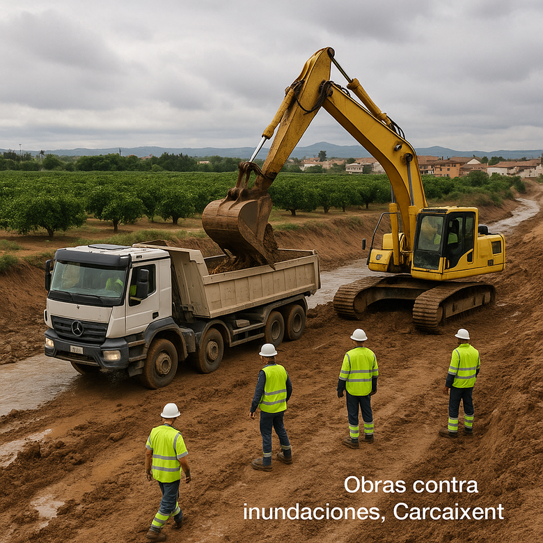 Excavadoras y operarios trabajando en el cauce de un barranco cercano a Carcaixent