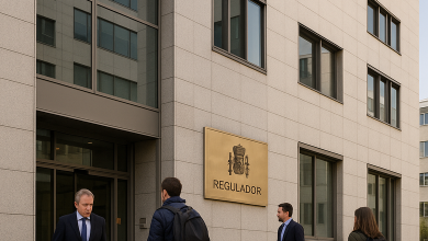 Fachada de la sede de la CNMC en Madrid con su rótulo genérico
