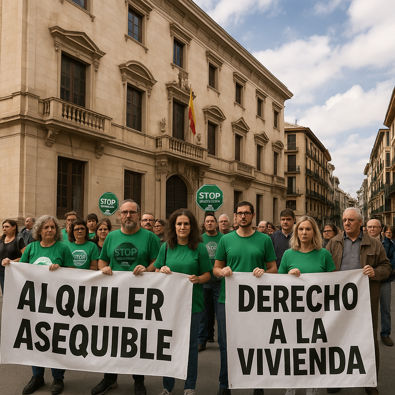 Manifestantes de la PAH frente a un edificio oficial en Palma con pancartas sobre el alquiler