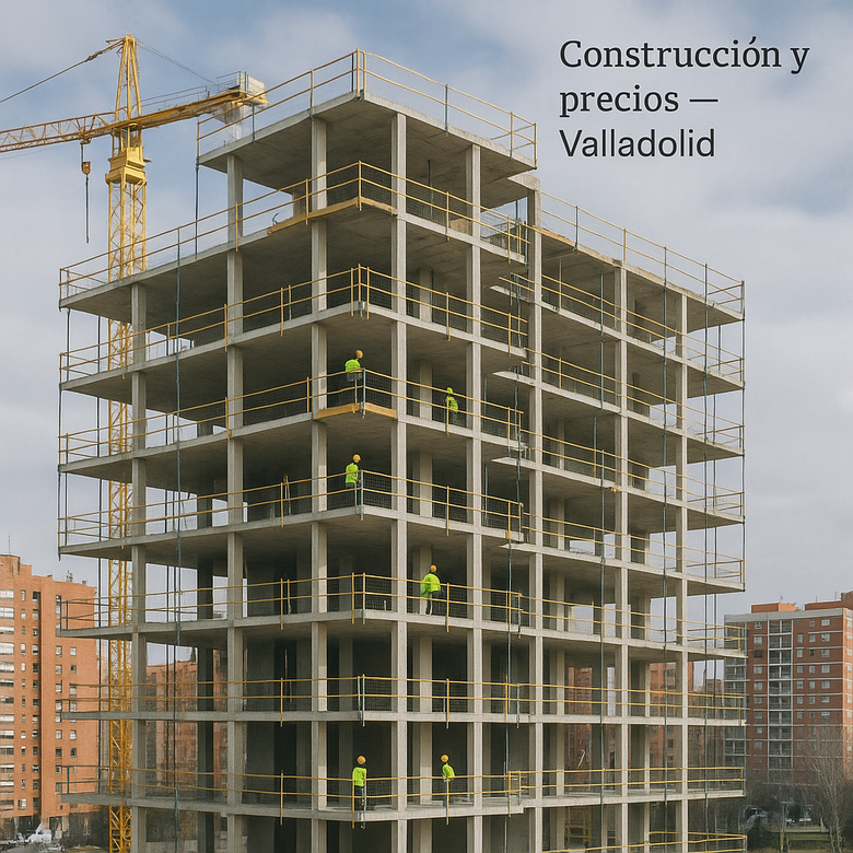 Obreros trabajando en la estructura de un edificio en construcción en Valladolid