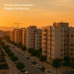 Bloques de viviendas nuevas en un barrio de Murcia al atardecer