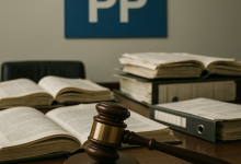 Imagen de archivo del logo del Partido Popular junto a documentos judiciales