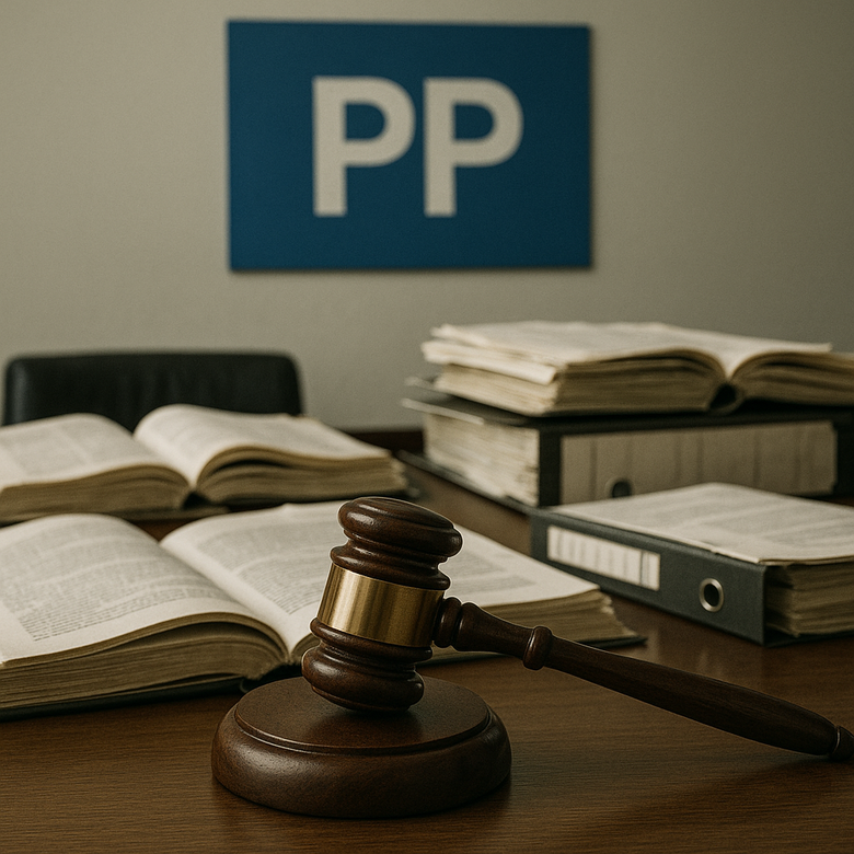 Imagen de archivo del logo del Partido Popular junto a documentos judiciales