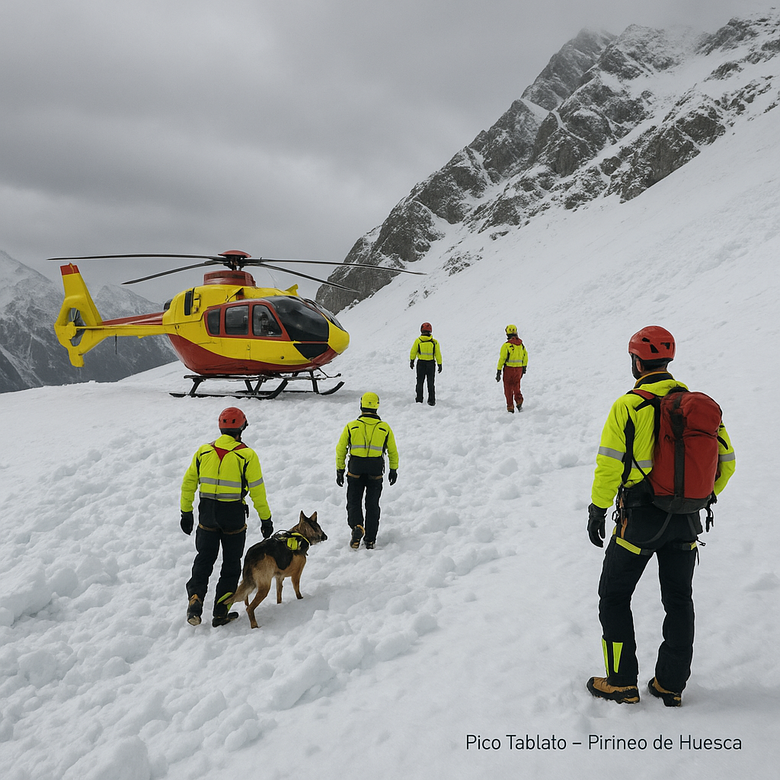Helicóptero de rescate y efectivos de montaña trabajando en una ladera nevada del Pirineo aragonés