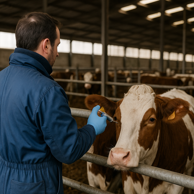 Veterinario vacuna a una vaca en una explotación ganadera de Navarra