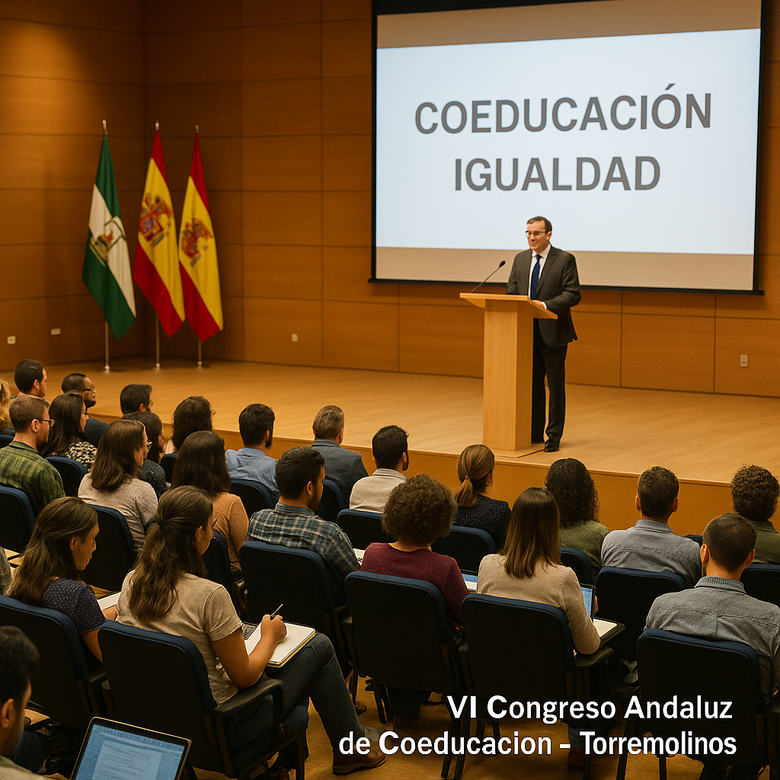 Auditorio en Torremolinos con público asistiendo a una ponencia sobre coeducación e igualdad