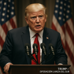 Trump asegura que Estados Unidos ha destruido una “gran instalación” de producción de drogas en Venezuela dentro de la Operación Lanza del Sur, pero ni Washington ni Caracas han aportado pruebas ni detalles sobre el ataque. Donald Trump hablando ante micrófonos con banderas de Estados Unidos al fondo