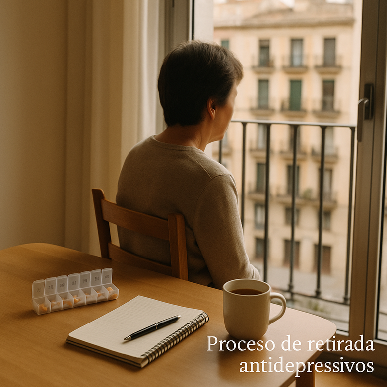 Persona sentada junto a una ventana con un pastillero y una libreta de seguimiento médico