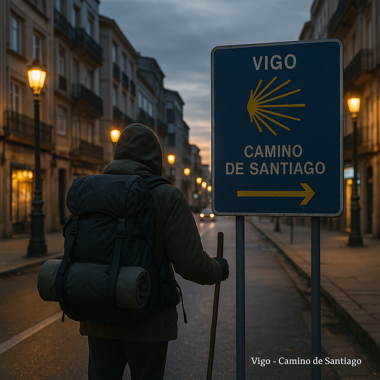 Peregrino con mochila entrando en Vigo al atardecer junto a un cartel del Camino de Santiago