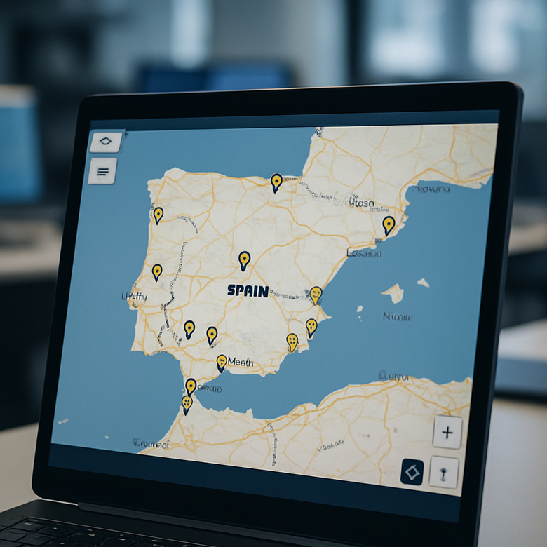 Captura de pantalla del mapa interactivo de balizas V16 activas en carreteras españolas mostrando ubicaciones en tiempo real