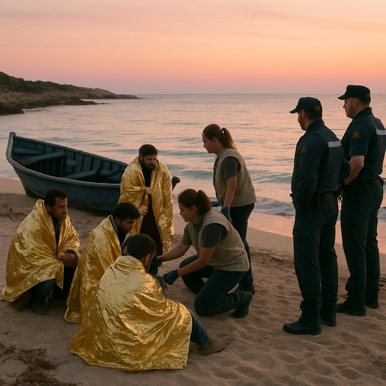 Llegada de una patera a la costa de Baleares con efectivos de rescate en la orilla