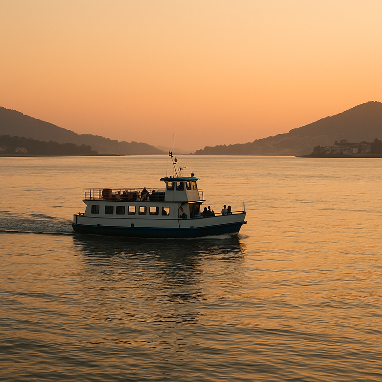 El ferri Santa Rita de Cassaia navegando por la desembocadura del Miño entre Caminha y A Guarda