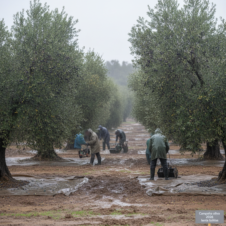 Olivar andaluz bajo lluvia con recolectores y maquinaria en campo mojado
