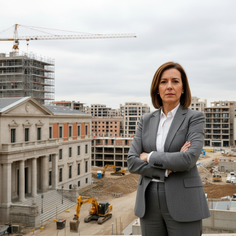 María Chivite frente a la sede del Gobierno de Navarra con fondo de obras en construcción