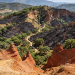 Vista aérea de Las Médulas tras el incendio con zonas quemadas y áreas de castaños verdes