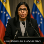 Delcy Rodríguez durante un mensaje televisado tras la captura de Nicolás Maduro