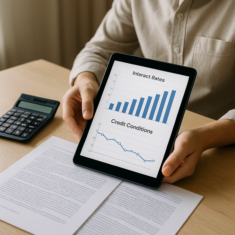 Cliente revisando en una tablet las condiciones de un crédito al consumo con un gráfico de tipos de interés