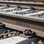 Carril ferroviario con marca Ensidesa grabada en el metal