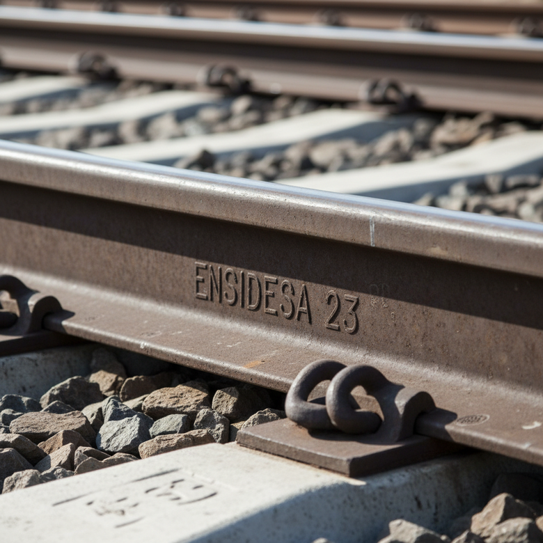Carril ferroviario con marca Ensidesa grabada en el metal