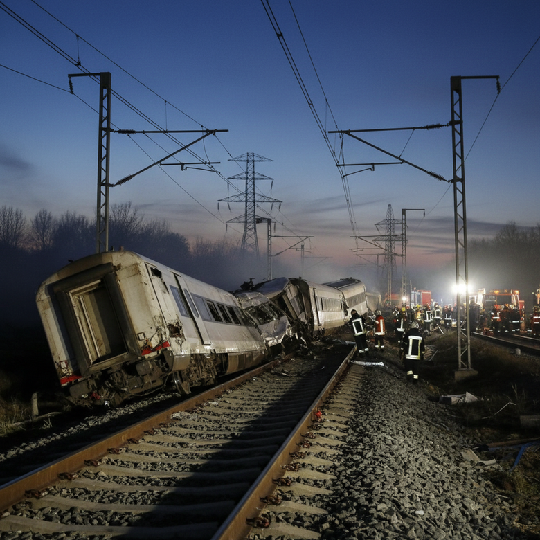 Tren AVE descarrilado en vías con equipos de emergencia trabajando en el lugar