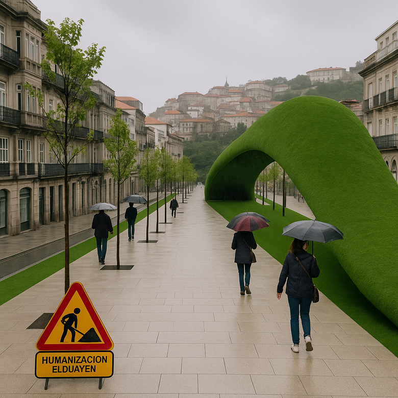 Recreación del nuevo túnel de Vigo cubierto por una lengua verde sobre la calle Elduayen