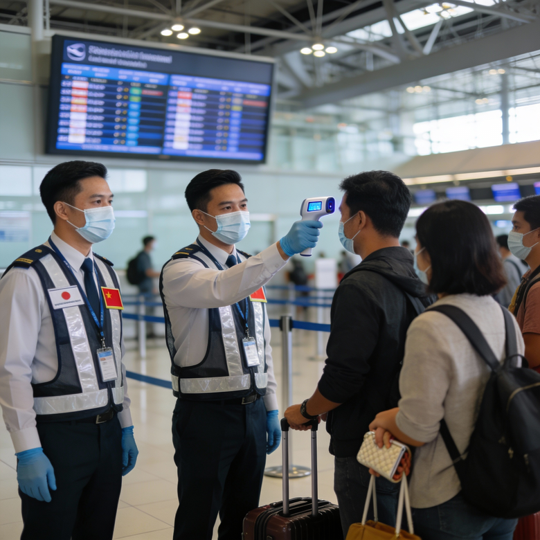 Personal sanitario tailandés controlando temperatura a viajeros en un aeropuerto internacional