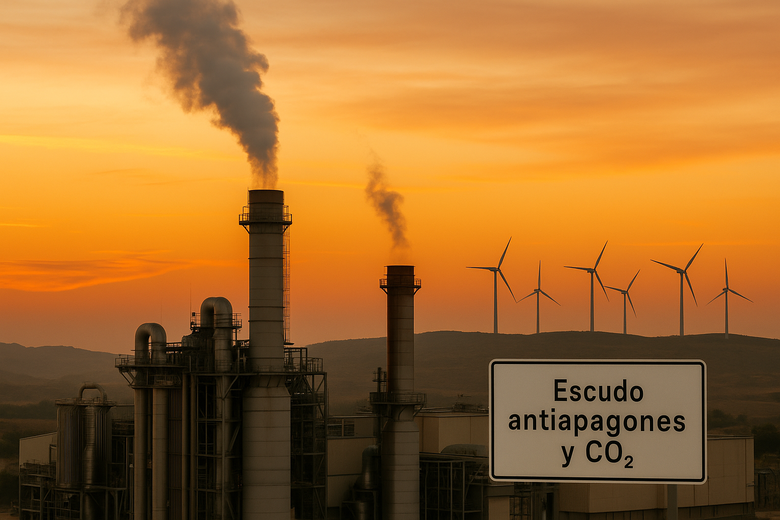 Chimeneas de una central de ciclo combinado emitiendo humo junto a aerogeneradores al atardecer en España