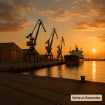 Vista de una terminal portuaria en Ámsterdam con grúas y almacenes operados por un grupo marítimo español