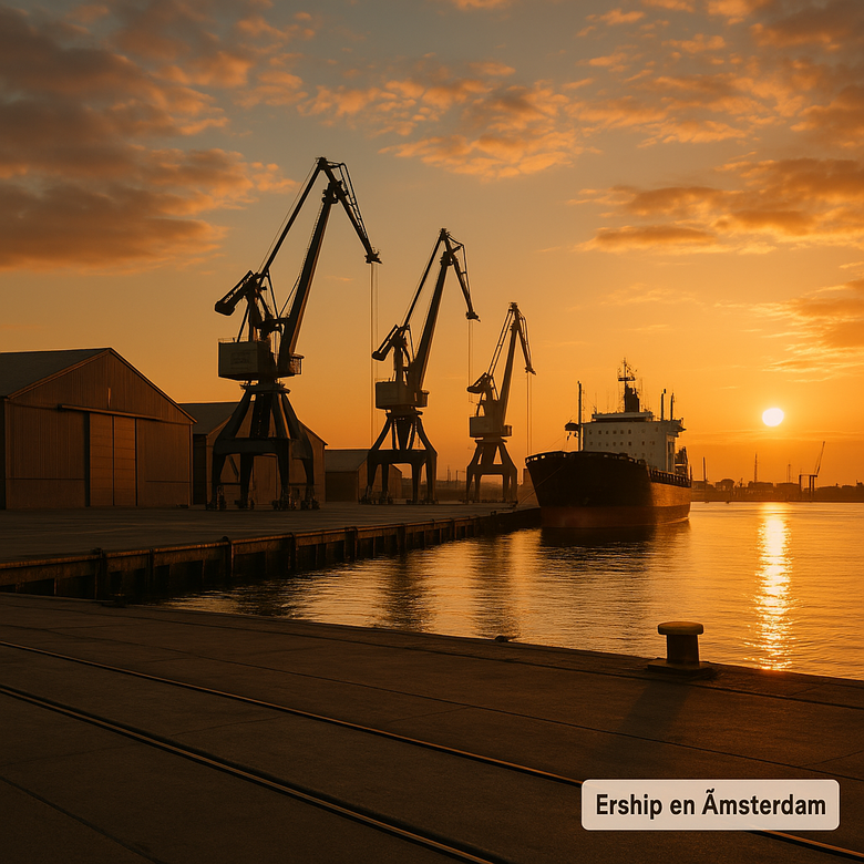 Vista de una terminal portuaria en Ámsterdam con grúas y almacenes operados por un grupo marítimo español