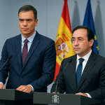Pedro Sánchez y José Manuel Albares en una comparecencia sobre la crisis en Venezuela