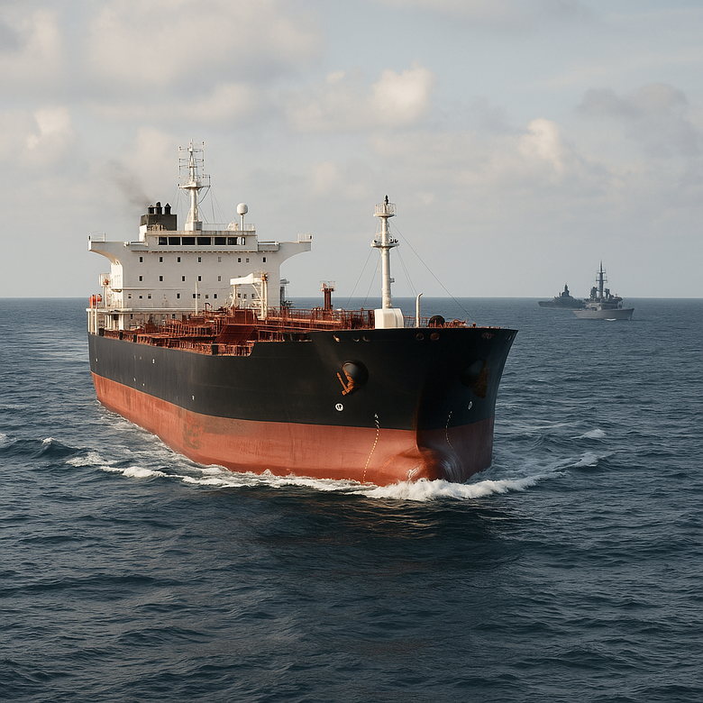 Buque petrolero escoltado por embarcaciones militares en alta mar