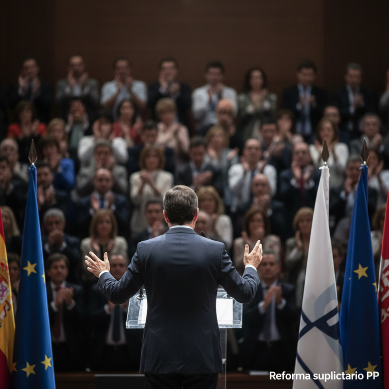 Alberto Núñez Feijóo hablando en podio con bandera PP al fondo en acto multitudinario