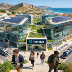 Vista aérea del Parc Bit en Palma con edificios modernos y zonas verdes