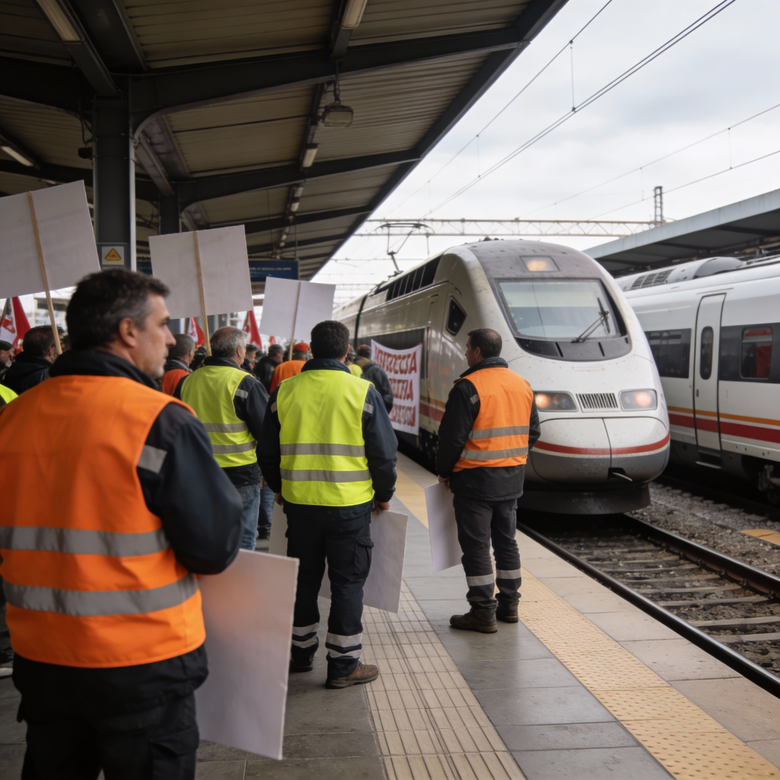 Trabajadores ferroviarios con chalecos reivindicativos ante un tren detenido en andén