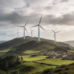 Aerogeneradores en una sierra de Galicia con cielo nublado y pueblo al fondo