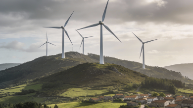 Impulso a la energía eólica en Galicia: Rueda reclama desbloquear proyectos y aprovechar el viento gallego 8 Aerogeneradores en una sierra de Galicia con cielo nublado y pueblo al fondo