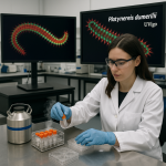 Investigadora de la UVigo con material de laboratorio y una imagen microscópica del gusano marino Platynereis dumerilii en pantalla