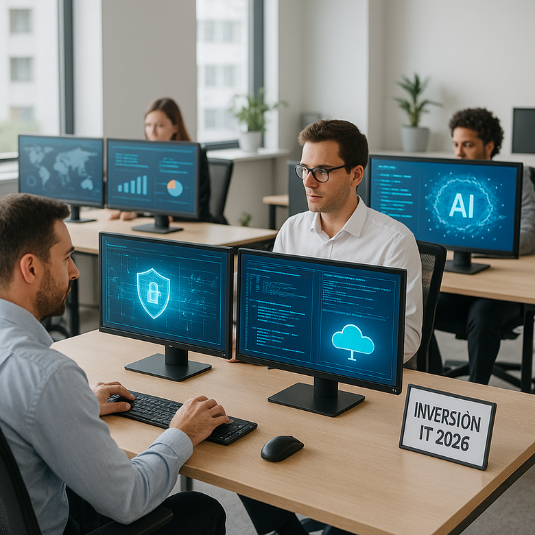 Oficinas de empresa española con equipo de IT trabajando en inteligencia artificial y cloud
