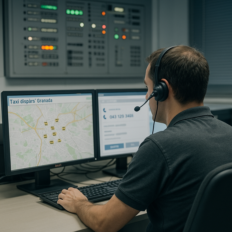 Operador de una emisora de taxis en Granada supervisando en pantalla un sistema de IA que gestiona llamadas