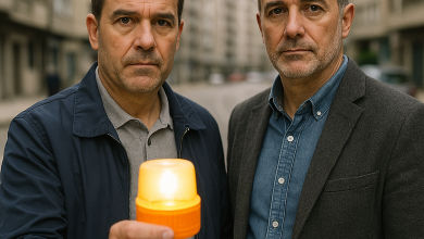 Los creadores gallegos de la baliza V16 posan con el dispositivo en la mano