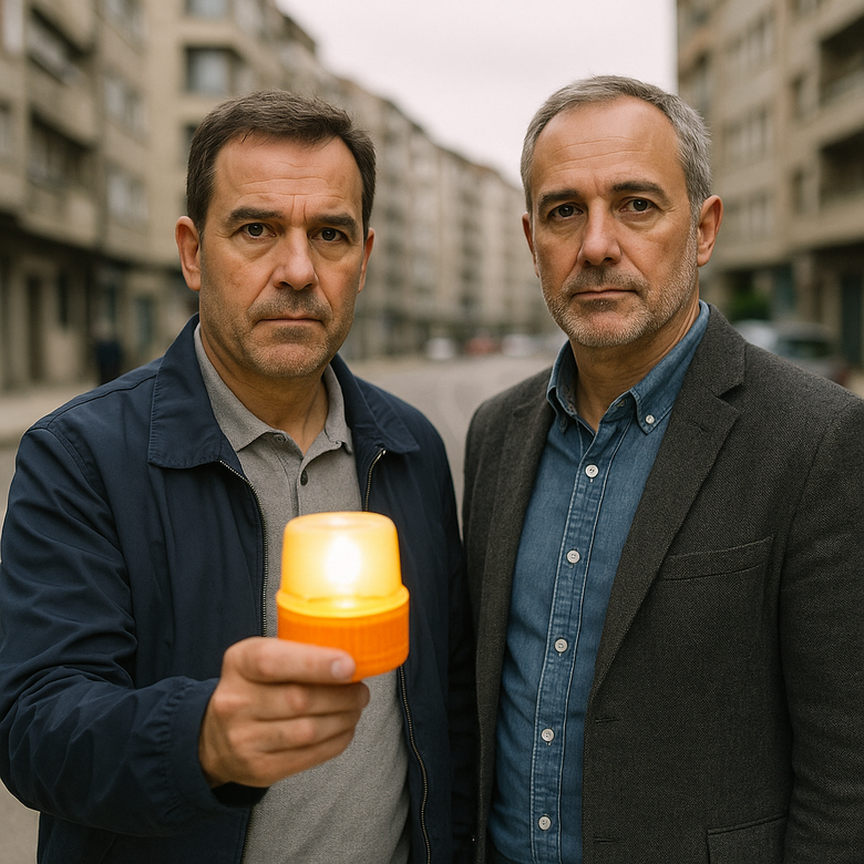 Los creadores gallegos de la baliza V16 posan con el dispositivo en la mano