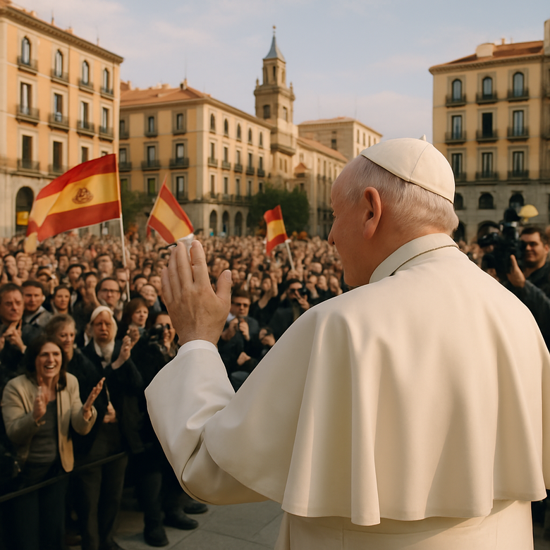 El Papa León XIV saluda a fieles en una plaza durante su visita a España